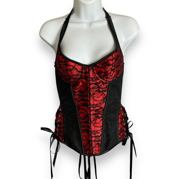 Velvet Kitten Corset Top Lace Up Black Red Halter Neck Tie Boning - Picture 1 of 13